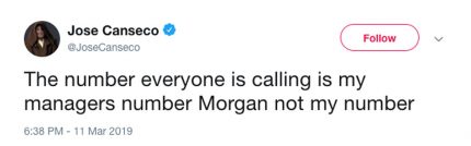 Jose Canseco clarifies in a tweet that the phone number he sent out doesn't belong to him
