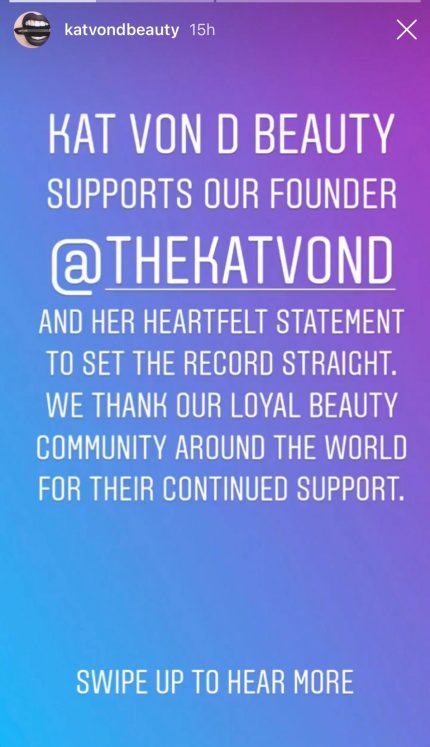 Kat Von D Beauty sends support to Kat Von D