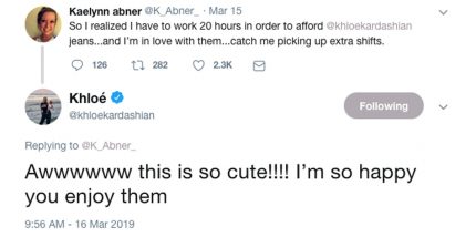 Khloe Kardashian responds to fan on twitter about her Good American jeans