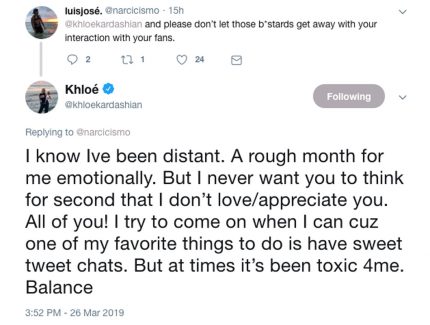 Khloé Kardashian opens up to a fan