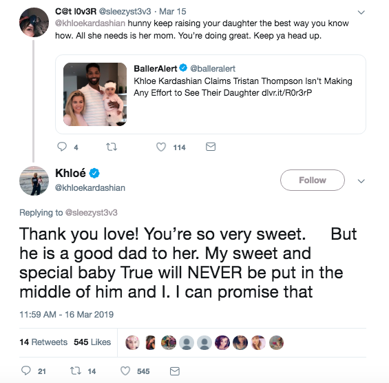 khloe kardashian defends tristan thompson's parenting on twitter
