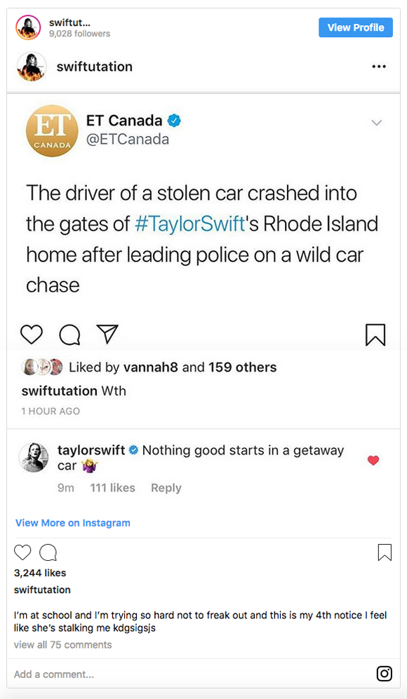Taylor Swift Instagram Quip
