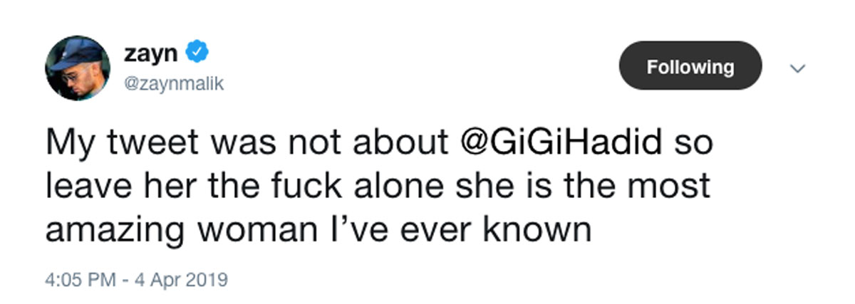 Zayn Malik defends Gigi Hadid on Twitter