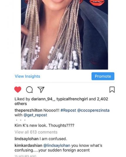 Lindsay Lohan calls out Kim Kardashian over her culturally insensitive braids.