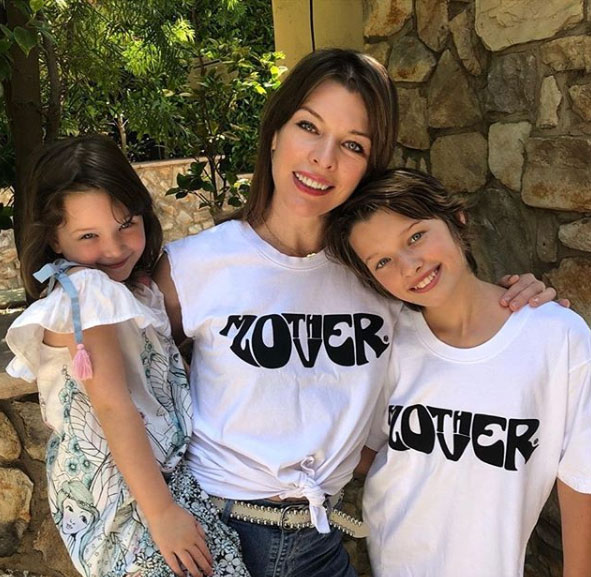 Mila Jovovich pictured with her two children