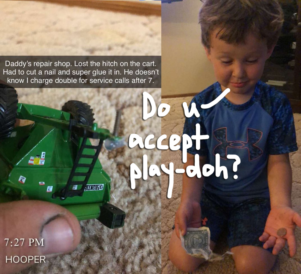 Father charges his son for toy car repairs