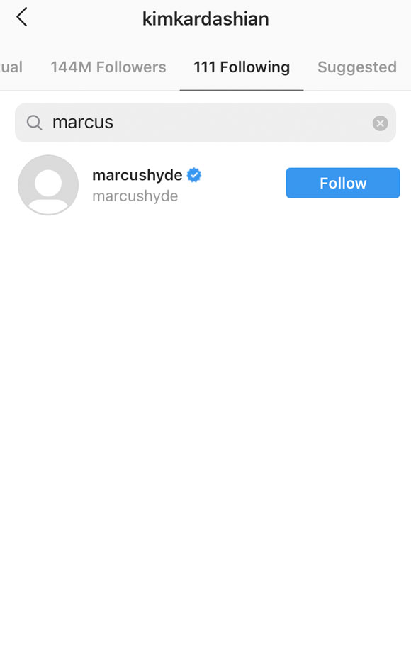 As of this writing, Kim Kardashian is still following Marcus Hyde on Instagram
