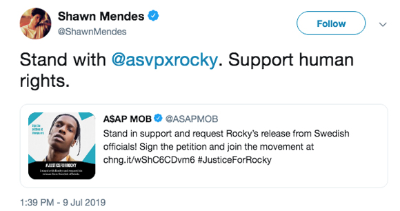 Shawn Mendes supports A$AP Rocky