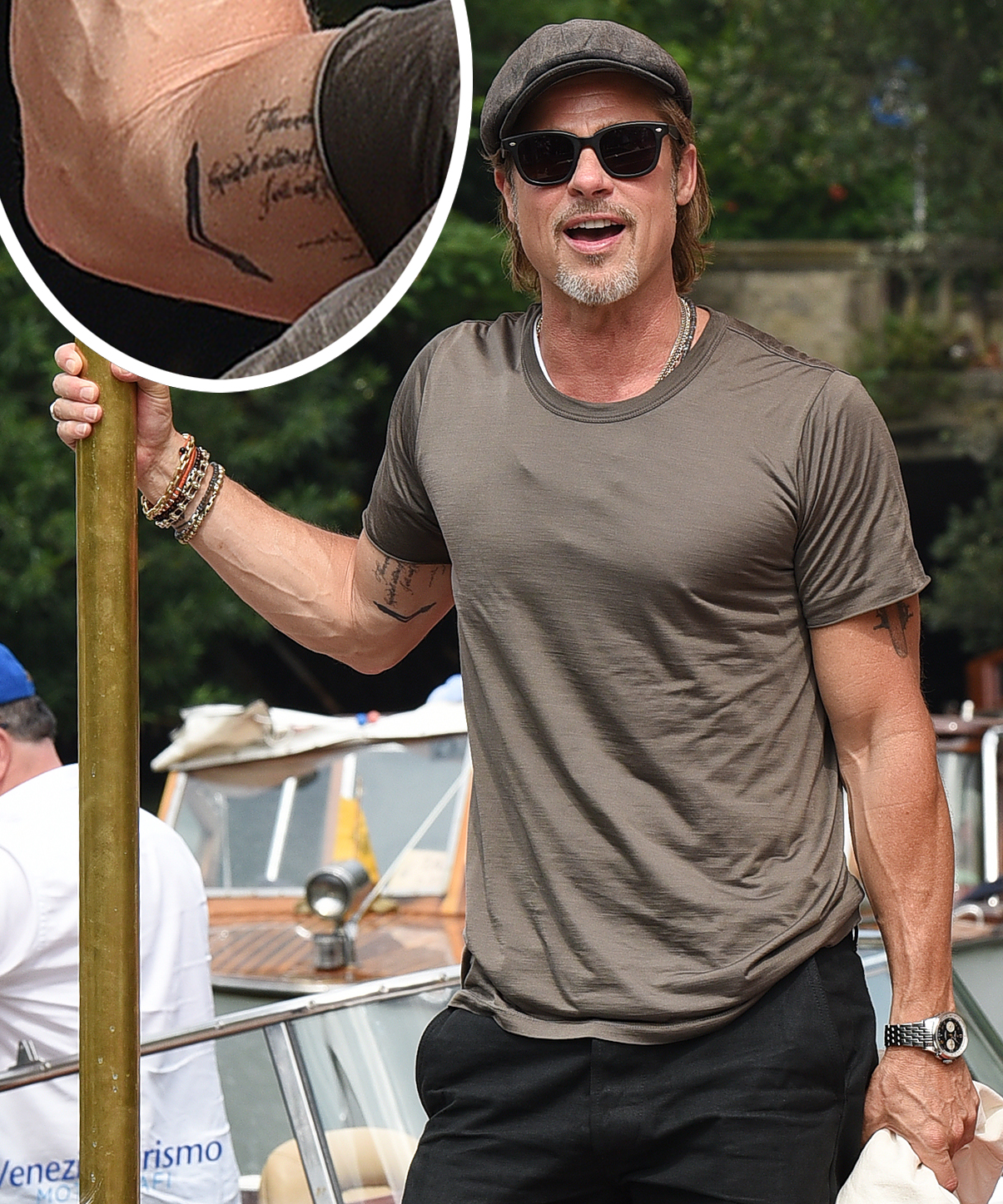 Brad Pitts Family Initials Arm Tattoo  Who Knew Brad Pitt Was So Tatted   POPSUGAR Beauty Photo 4