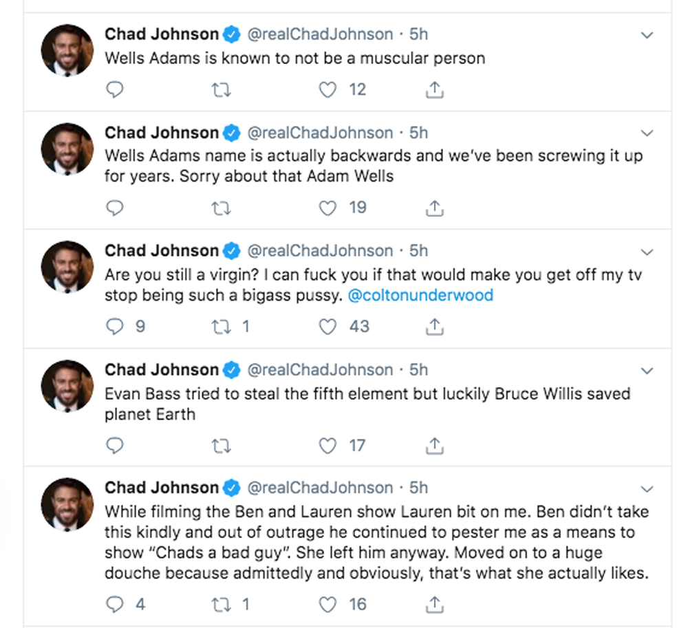 Bachelorette Villain Chad Johnson Is Having A Multi Day Twitter Meltdown Bashing Former