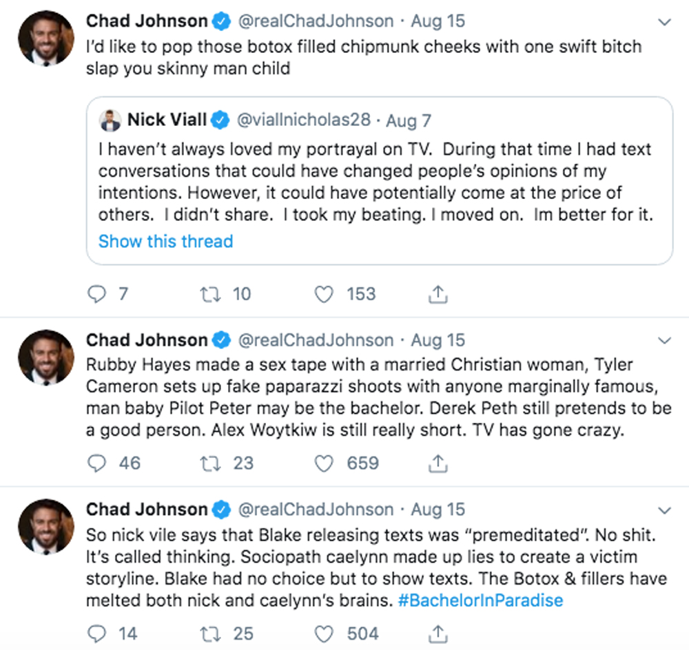 Bachelorette Villain Chad Johnson Is Having A Multi Day Twitter Meltdown Bashing Former