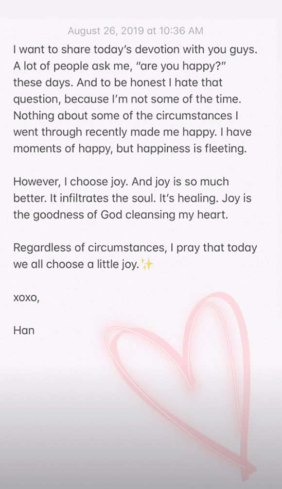 Hannah Brown opens up in a note to her fans.