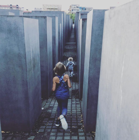 Pink and her children visit a Holocaust Memorial in Berlin, Germany.