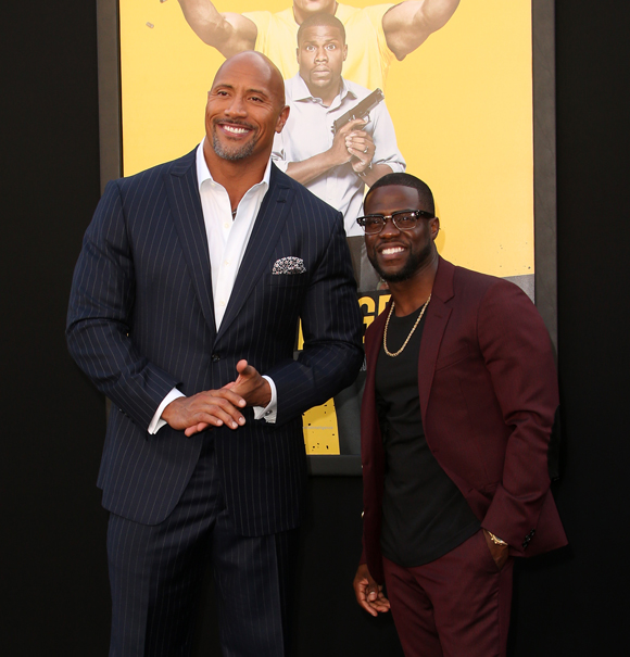 Dwayne Johnson and Kevin Hart at the 2016 premiere of Central Intelligence