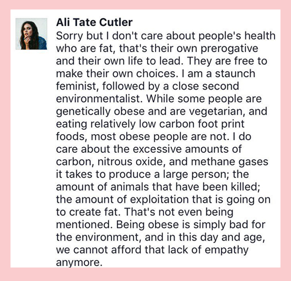 Ali Tate Cutler Facebook post obese people