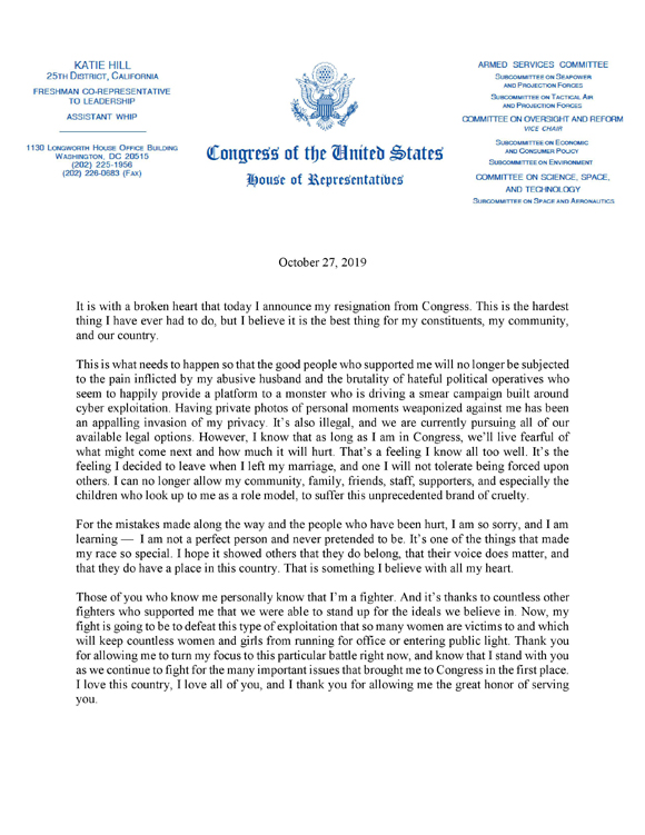 Katie Hill resignation letter