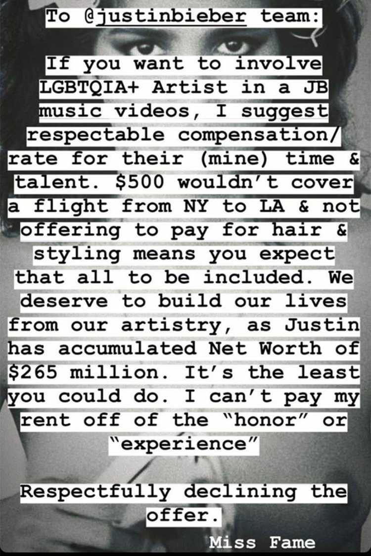 Justin Bieber Miss Fame Instagram Story music video controversy