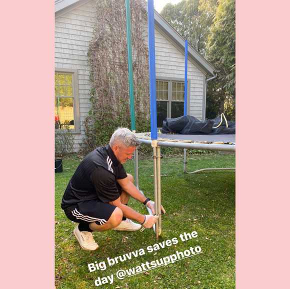 Naomi Watts' brother Ben helps her fix a broken trampoline at her home.