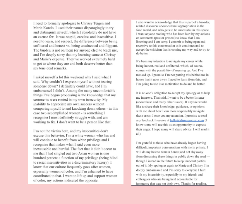 Alison Roman issues lengthy apology to Chrissy