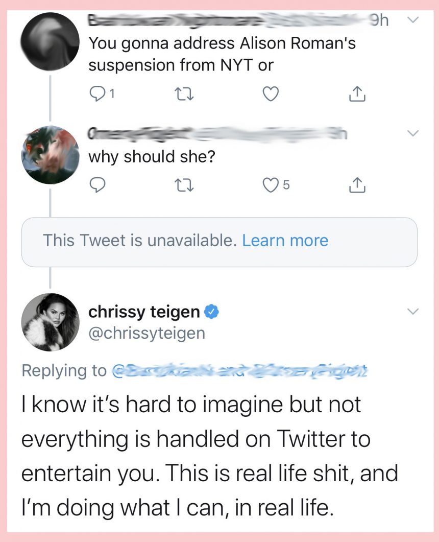 Chrissy Teigen reacts to Alison Roman suspension