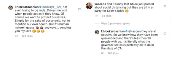 Khloé Kardashian responds to fan concern over their family's quarantine party.