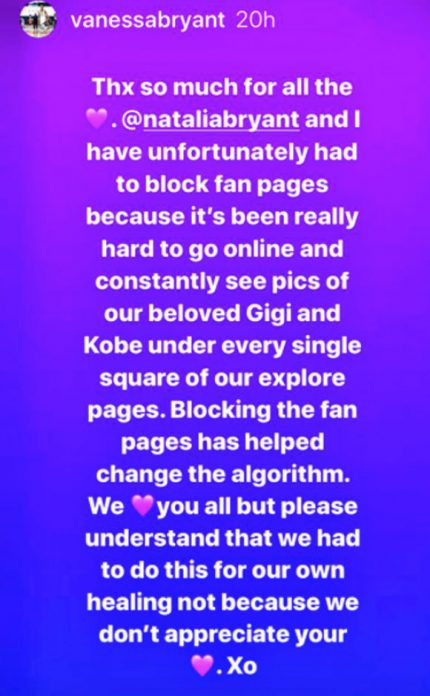 Vanessa Bryant announces she had to block Kobe and Gianna fan accounts to help with grieving their loss.