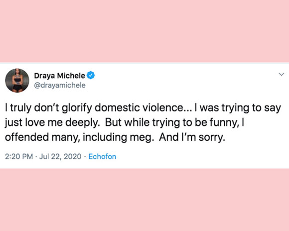 Draya Michele apologizes for joking about Megan Thee Stallion's shooting incident. 