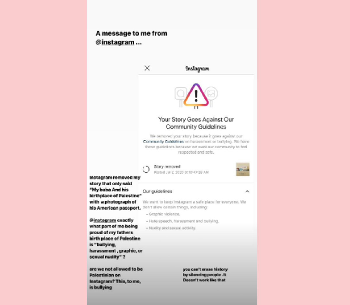 bella hadid shares instagram's reasoning for her story removal