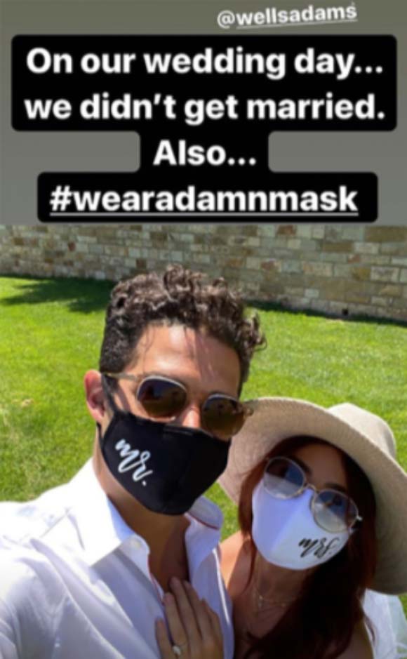 Sarah Hyland and Wells Adams wear matching face masks for a would-be wedding day ceremony.