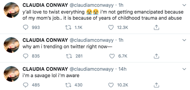 Claudia Conway says she wants to be emancipated from her Trump-loving parents