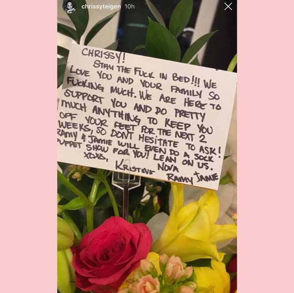 Pregnant Chrissy Teigen's friends sent her flowers after she got put on mandatory bed rest.