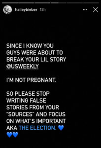 Hailey Bieber Slams Tabloid Story Claiming She's Pregnant Before It's