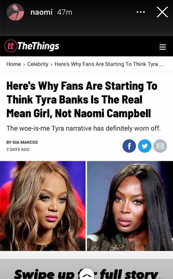 Naomi Campbell reignites her feud with Tyra Banks with shady Instagram post calling her the "real mean girl."