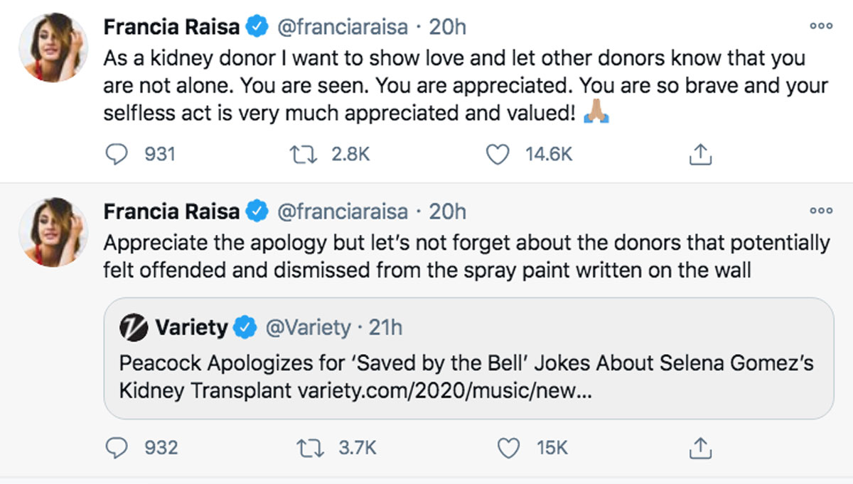 Francia Raisa responds to the controversial Saved By The Bell reboot jokes about Selena Gomez's kidney transplant