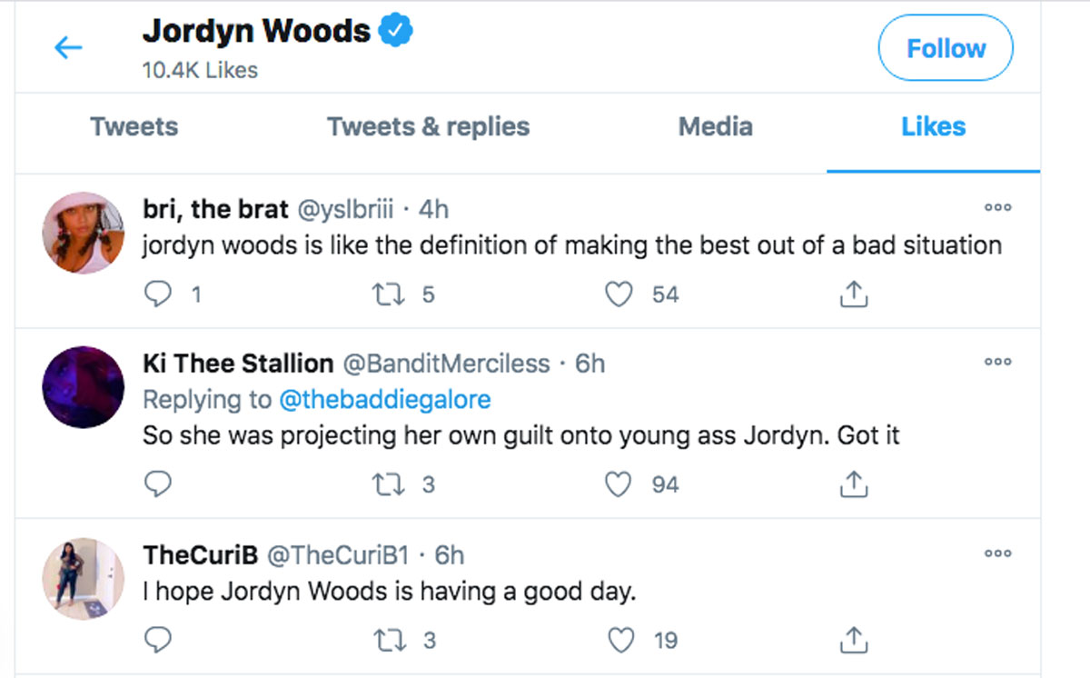 Jordyn Woods likes a few tweets coming to her defense on Monday after Larsa Pippen's newest interview...