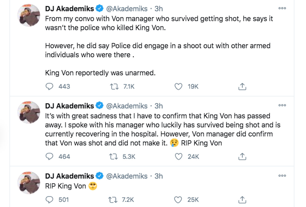DJ Akademiks reported more about rapper King Von's death in a shooting in Atlanta on Friday morning.