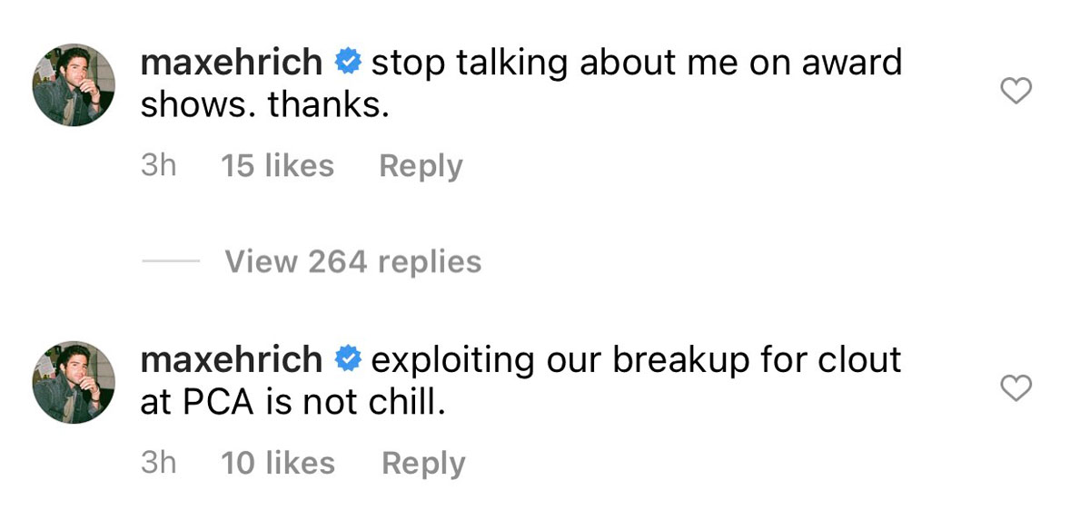 Max Ehrich slams Demi Lovato in her IG comments for joking about their breakup publicly!