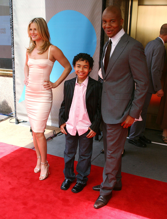 Ali Larter and Leonard Roberts with their onscreen son Noah Gray-Cabey at the NBC upfronts