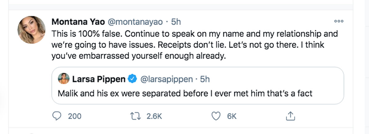 Montana Yao responds to Larsa Pippen's claim that Malik Beasley was separated when they got together.