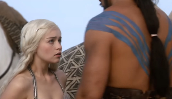 Emilia Clarke and Jason Momoa in the Game Of Thrones pilot