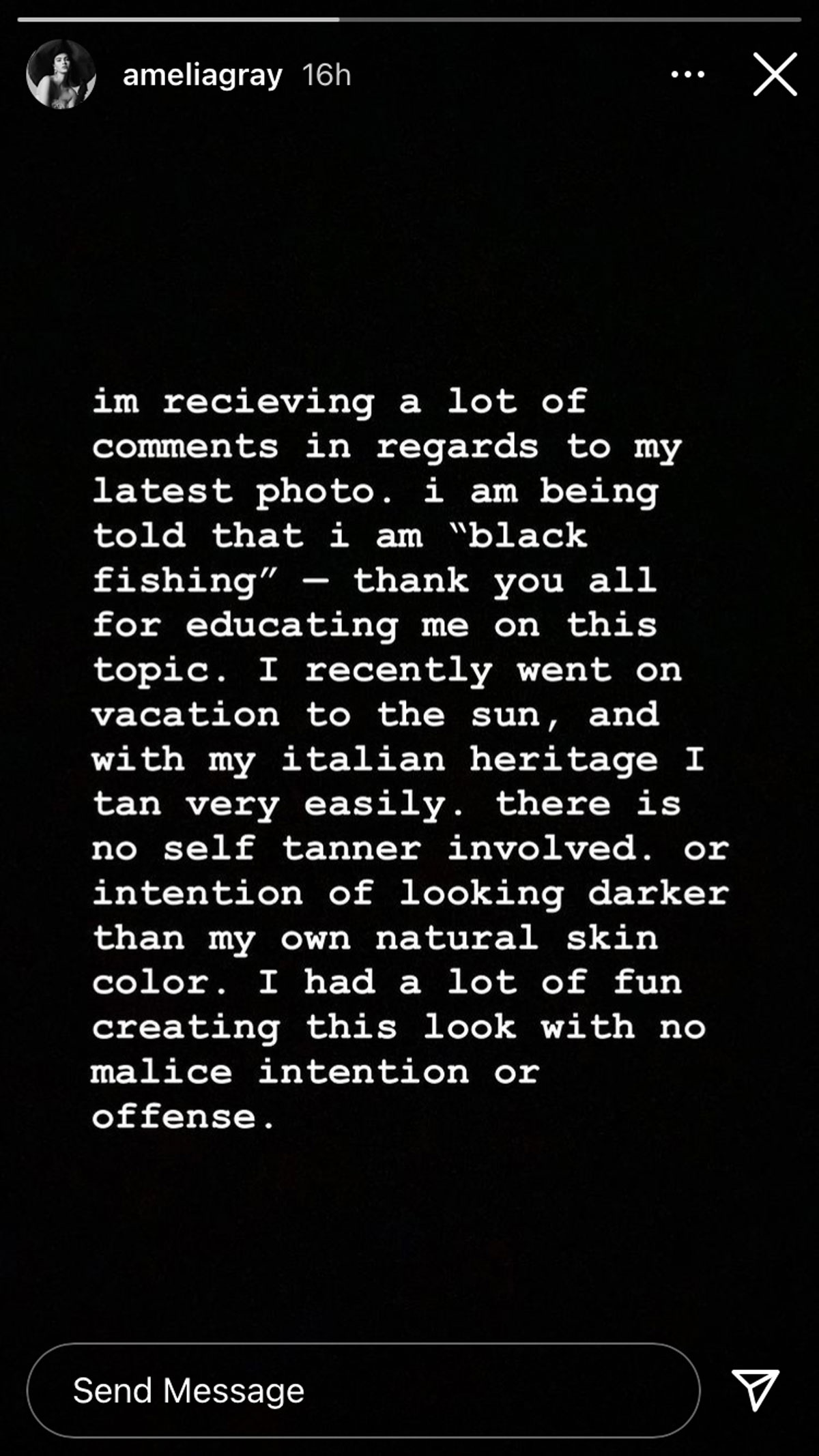 Amelia Gray Hamlin responds to the blackfishing controversy she started after being super-tan in new Instagram pictures!