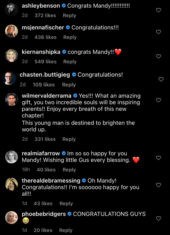 mandy moore : baby announcement congratulations Instagram comments