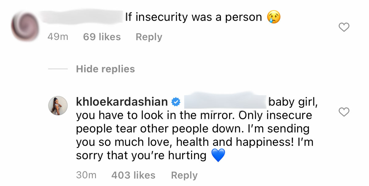 Khloé Kardashian slams an Instagram commenter for calling her insecure!