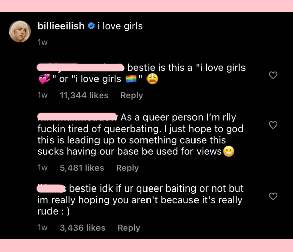 billie eilish : comments about queerbaiting on lost cause instagram
