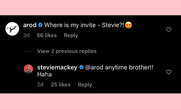 alex rodriguez, stevie mackie : instagram comment