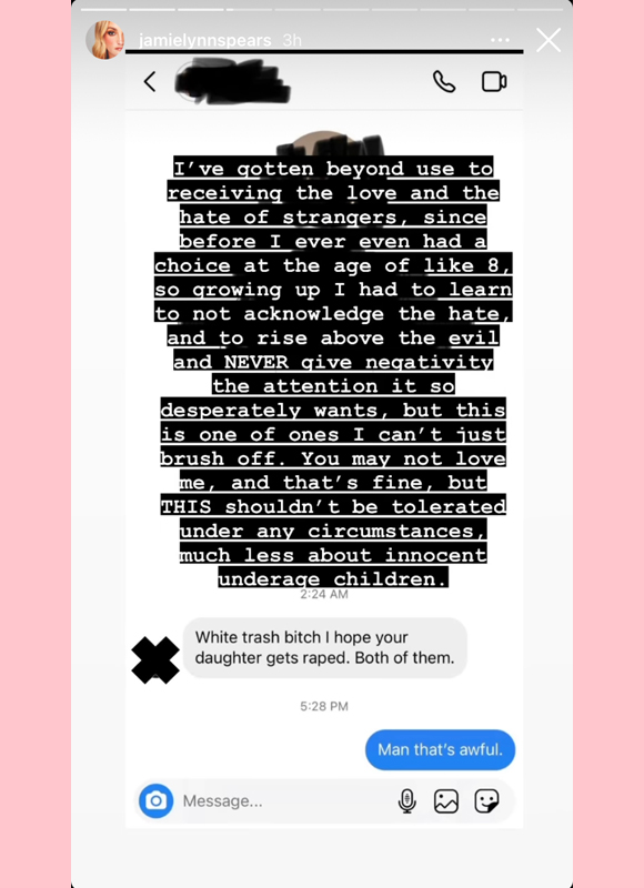 jamie lynn spears : posts message from troll on instagram story