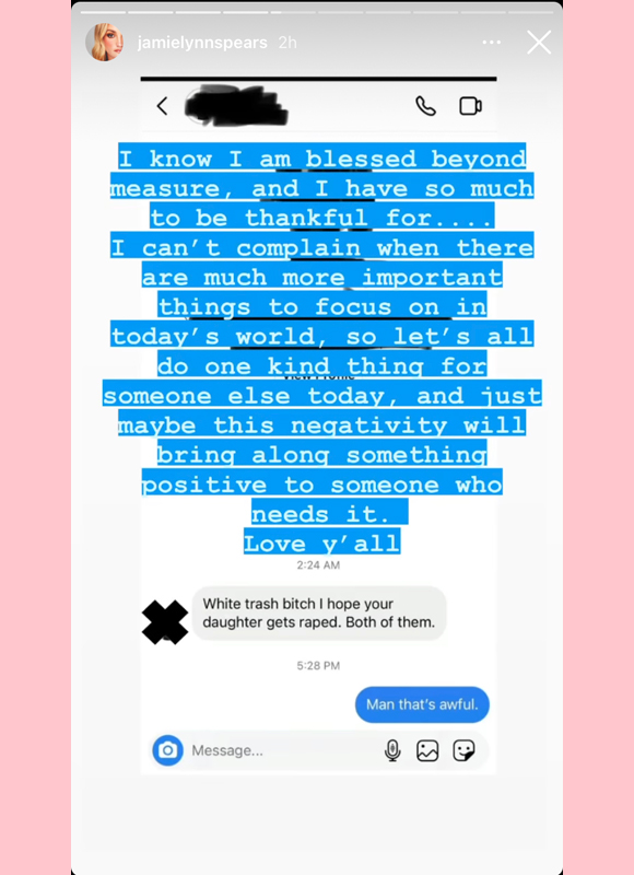 jamie lynn spears : posts message from troll on instagram story 2