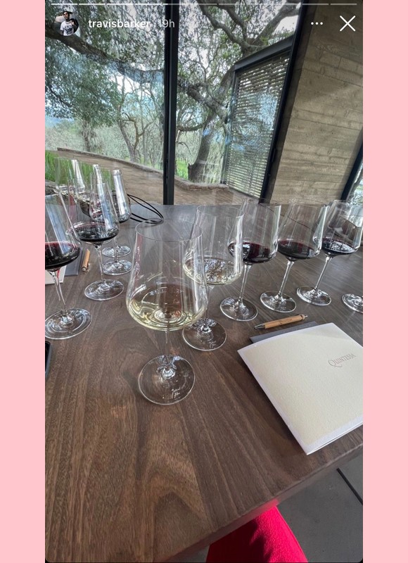 travis barker : instagram story snaps from valentines day getaway with kourtney kardashian, wine tasting