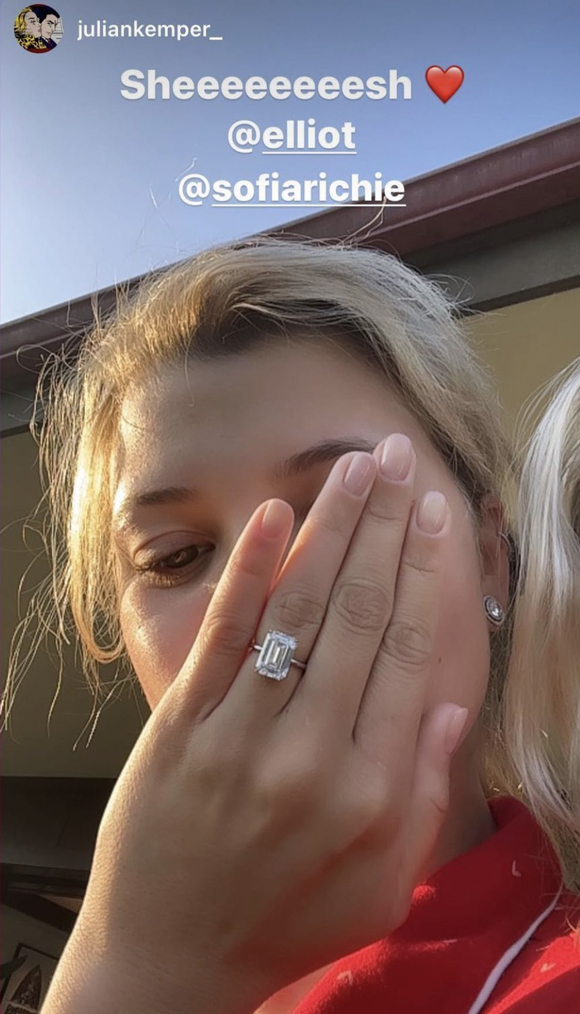 Sofia Richie engagement ring closeup Julian Kemper Instagram