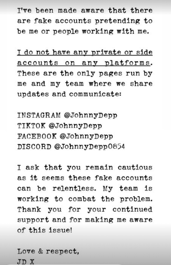 Johnny Depp Social Media Warning